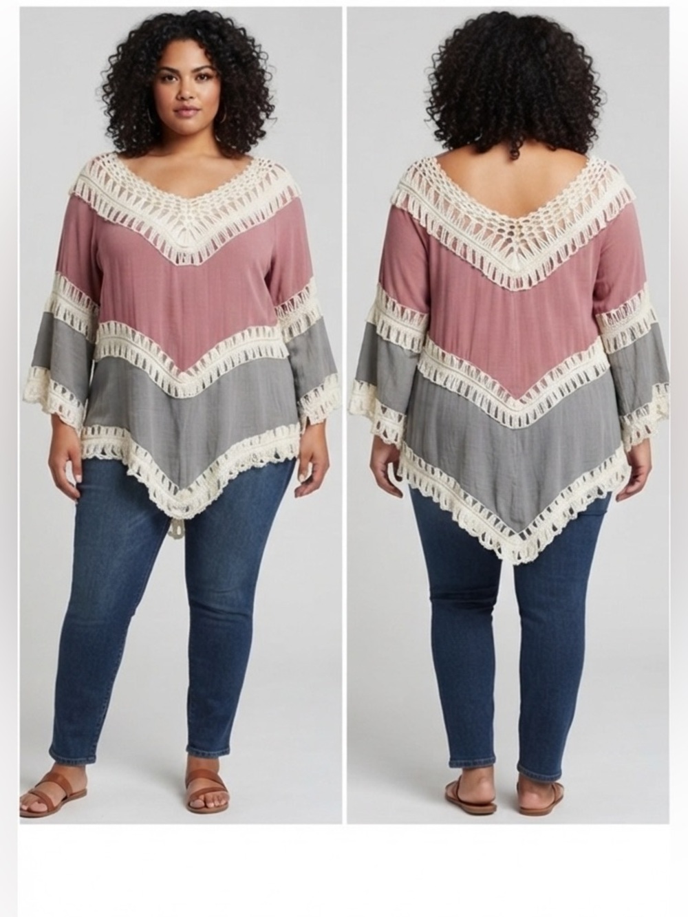Forgotten Grace Boho Crochet Trim Colorblock Peasant Top - L/XL